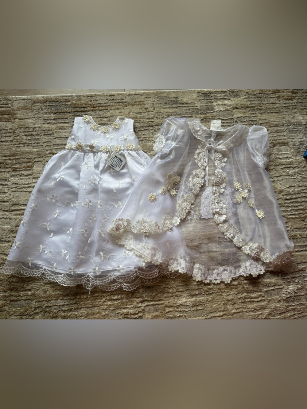 Sears White Lace Embroidered Girls Dress with Sheer Floral Cape baptism gown